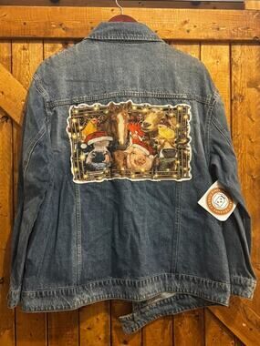NWT Small Shop Denim Jacket Sz M Christmas Farm Animals horse pig cow chicken